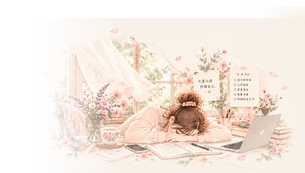 Illustration: a tired woman resting her head on her arms at a desk beside a laptop, a to-do list note and vases of wildflowers