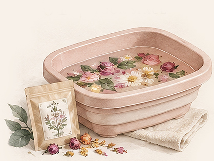 Illustration: a pink foot-bath basin with floating flowers, a herb pouch and a folded towel